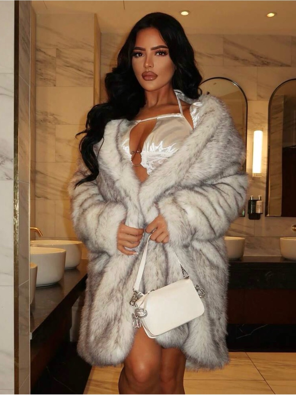 Plush Faux Fur Coat in Light Gray
